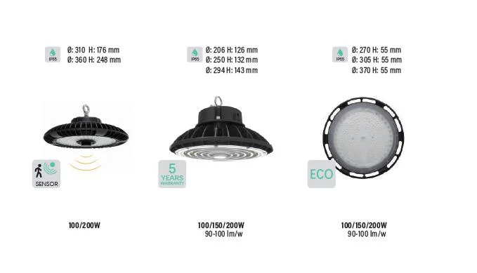 IP65 85-265V 200W 5000K LED Highbay UFO Light with Microwave Sensor Dective Distance 8-10m